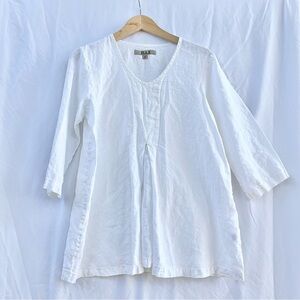 FLAX | WHITE LINEN TUNIC TOP 3/4 SLEEVE BLOUSE INVERTED PLEAT IN SMALL OVERSIZED